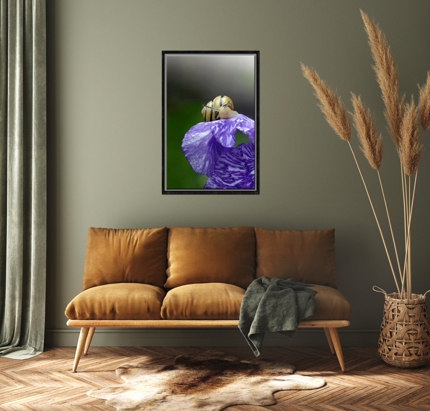 Atop the Iris-Fine Art Photography-A Yellow Snail on a Purple Iris