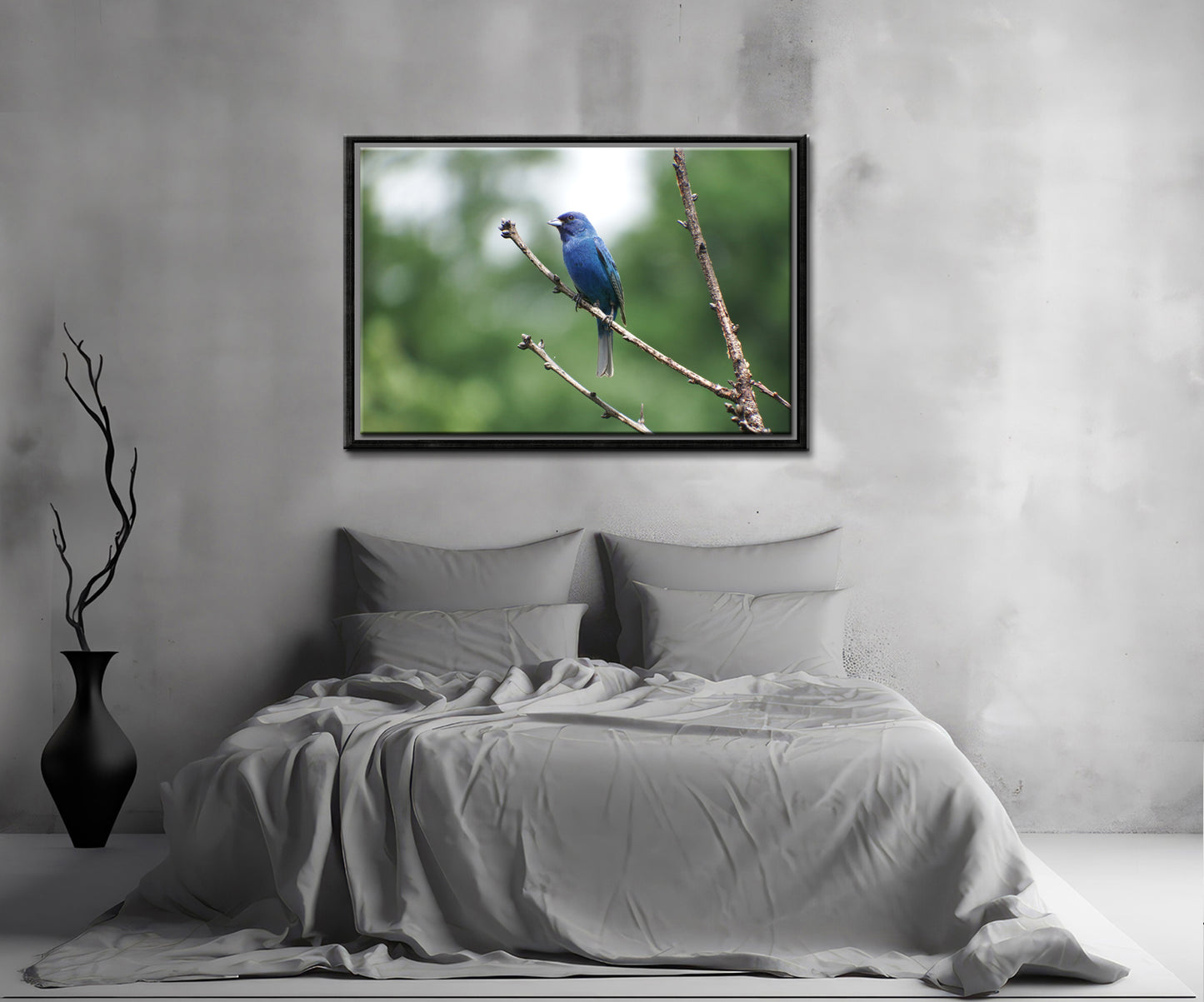 Beautiful bright Blue Bunting Bird Canvas Framed wall art by Kristen Olivares