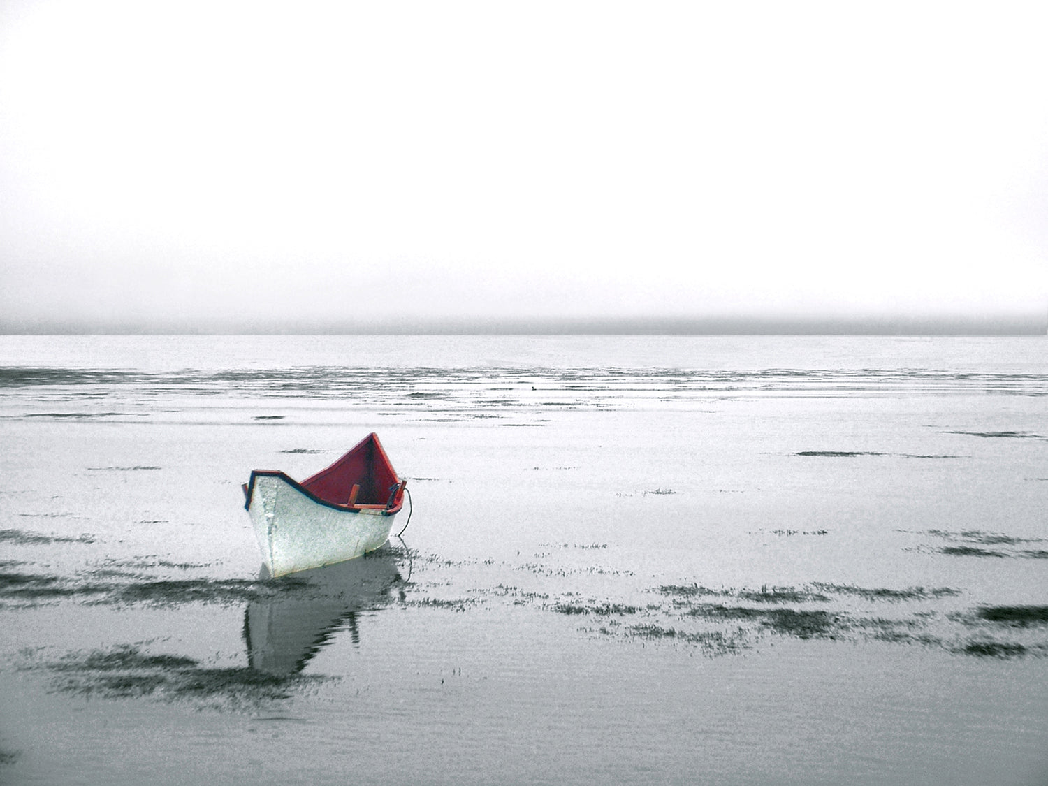 Old, tiny, wooden white and red boat in Maine. Fine Art Photography. Kristen Olivares
