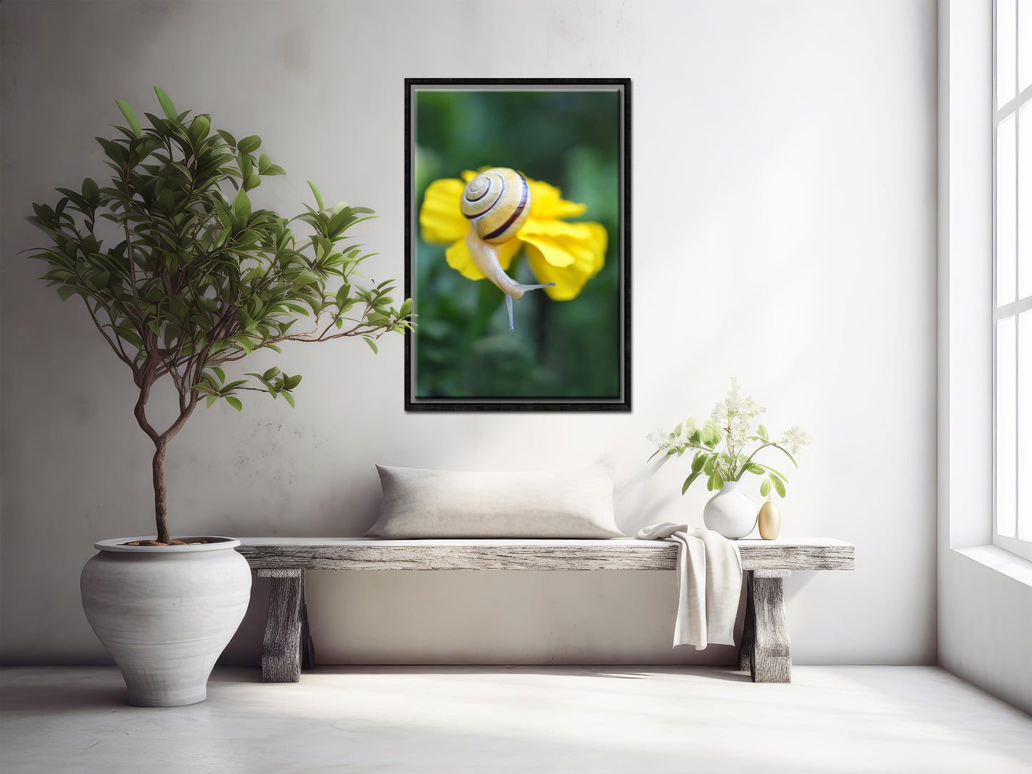 Bright Spot in the Garden-Fine Art Photography-Bright Yellow Snail Atop a Marigold Flower