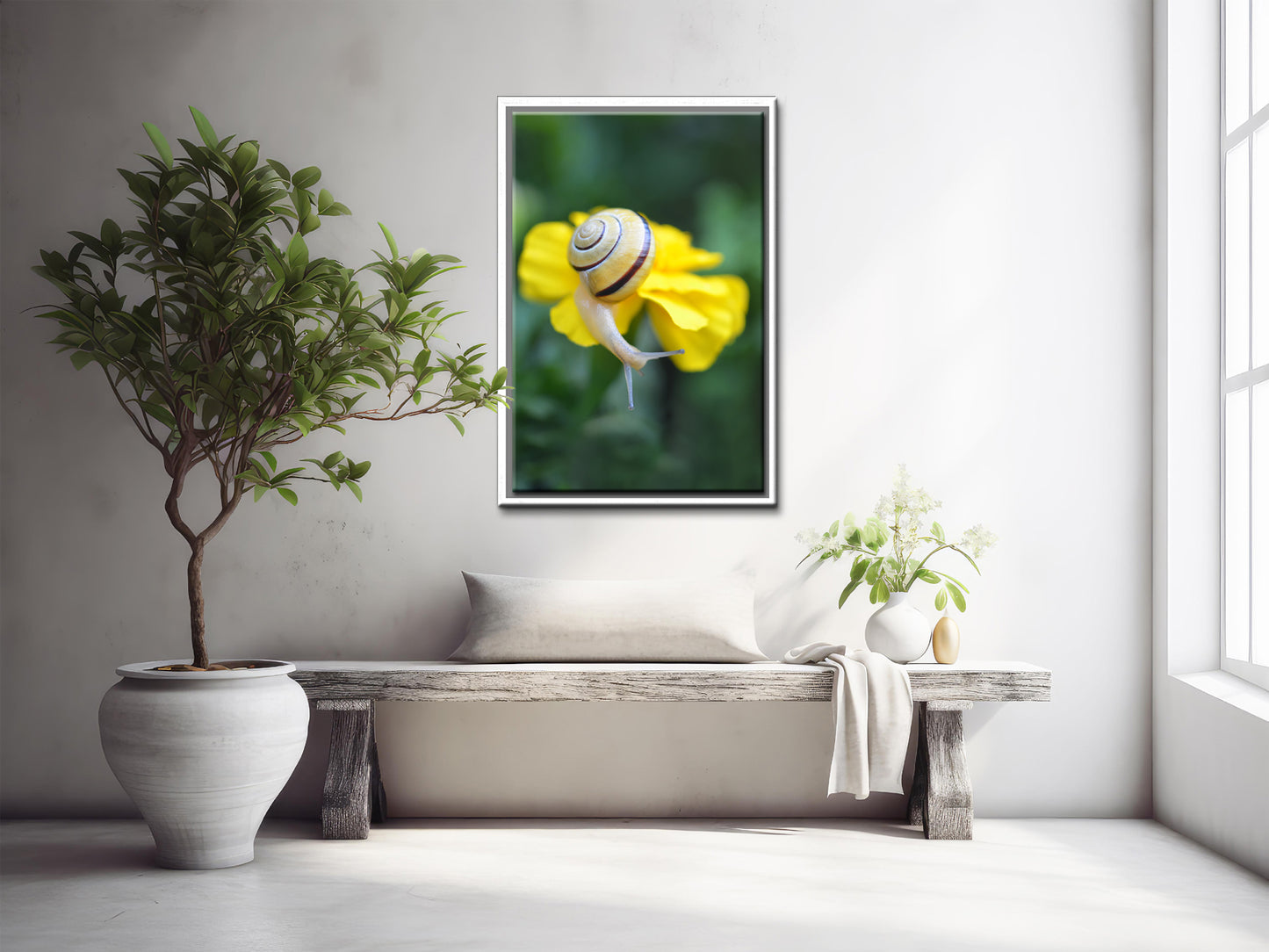 Bright Spot in the Garden-Fine Art Photography-Bright Yellow Snail Atop a Marigold Flower