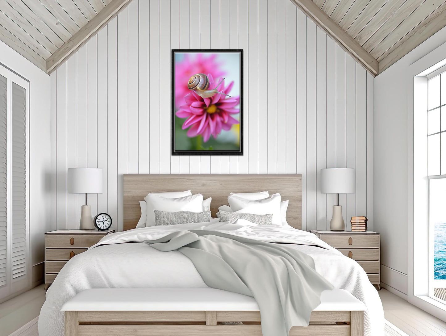 Crawling Along the Pink Petals-Fine Art Photography-Brown Snail Upon a Pink Dahlia Flower