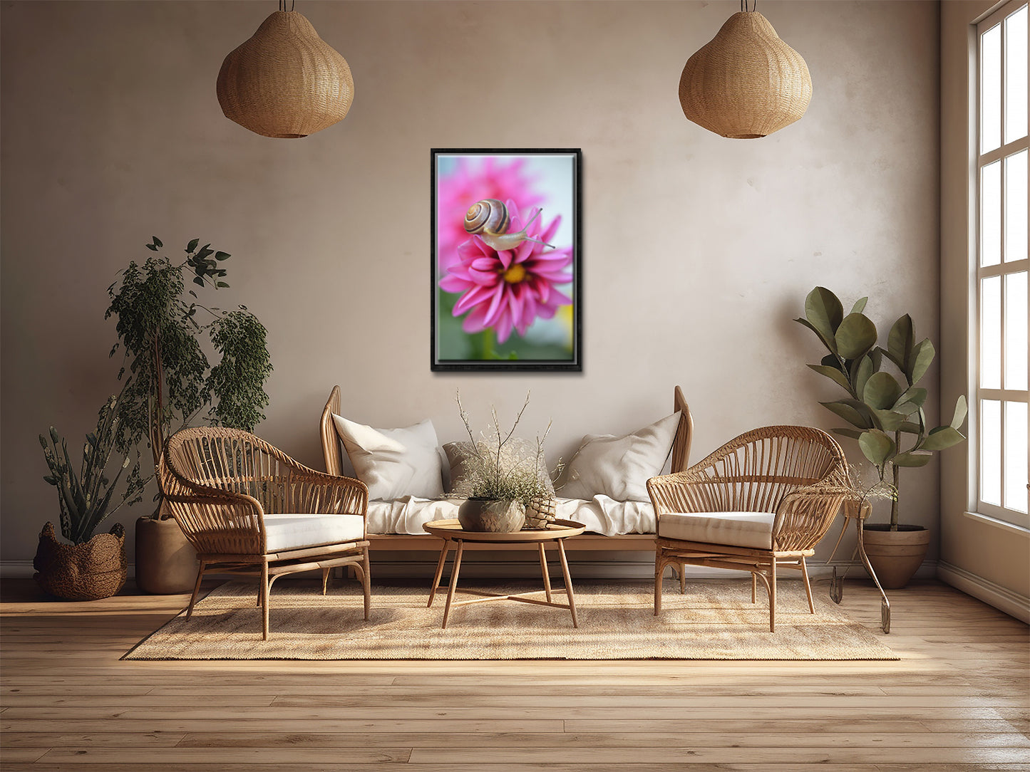 Crawling Along the Pink Petals-Fine Art Photography-Brown Snail Upon a Pink Dahlia Flower