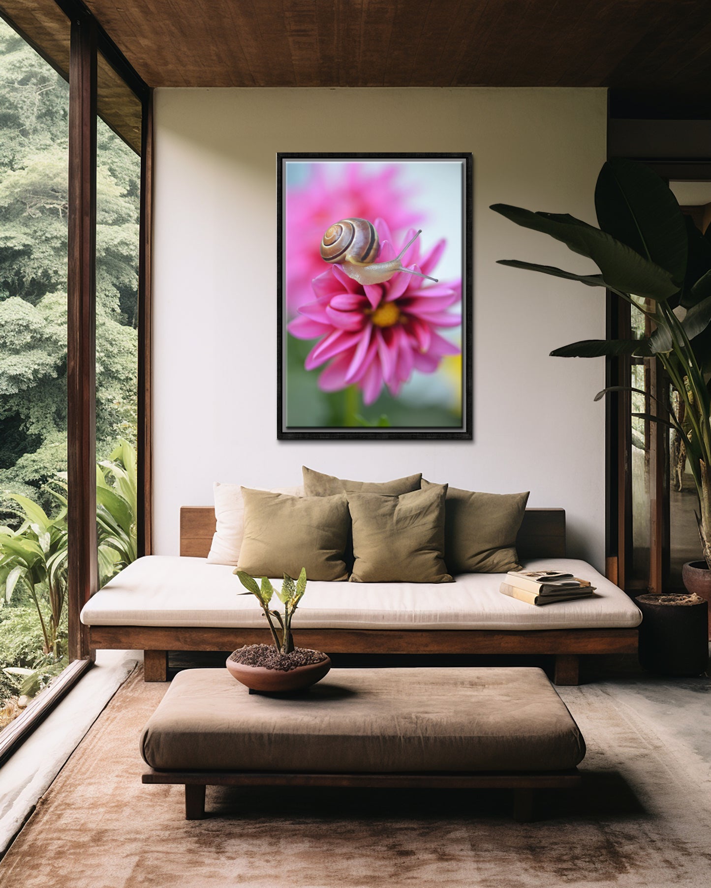 Crawling Along the Pink Petals-Fine Art Photography-Brown Snail Upon a Pink Dahlia Flower