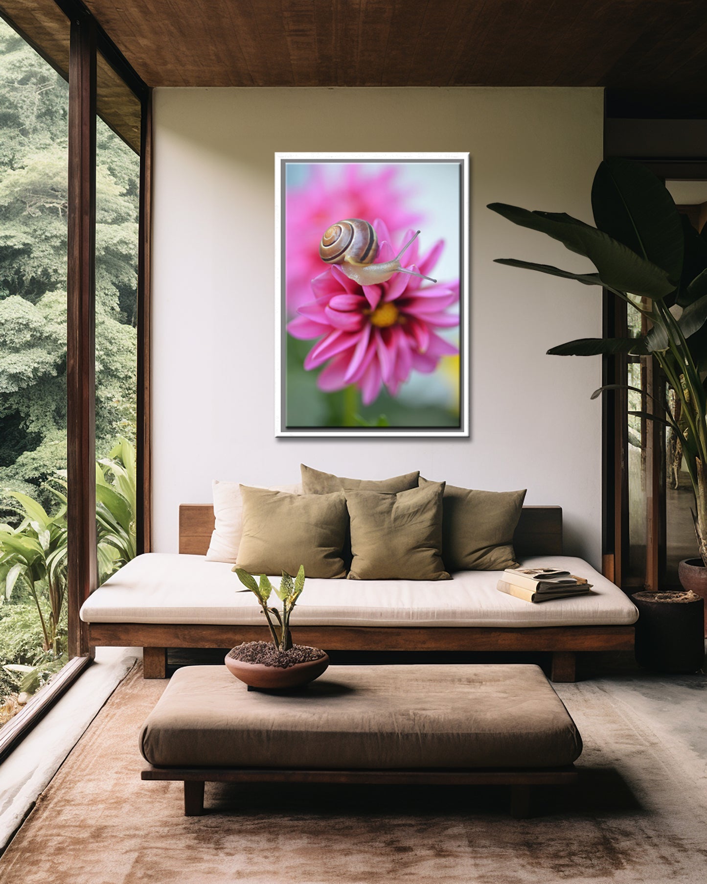 Crawling Along the Pink Petals-Fine Art Photography-Brown Snail Upon a Pink Dahlia Flower