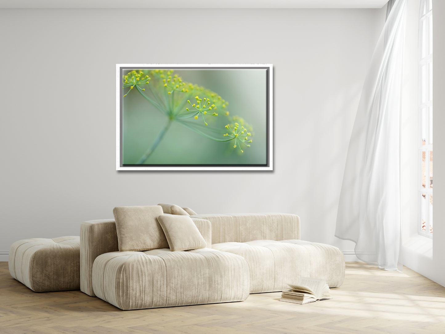Beautiful, bright yellow Dill flower Framed canvas art. Fine art photography by Kristen Olivares.