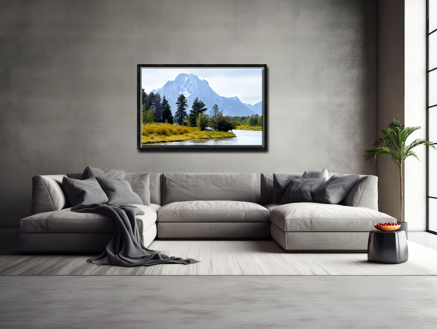 The beautiful Grand Tetons, bluish mountains and golden grass along the river bank. Canvas Wall Art. Framed Fine Art Photography by Kristen Olivares