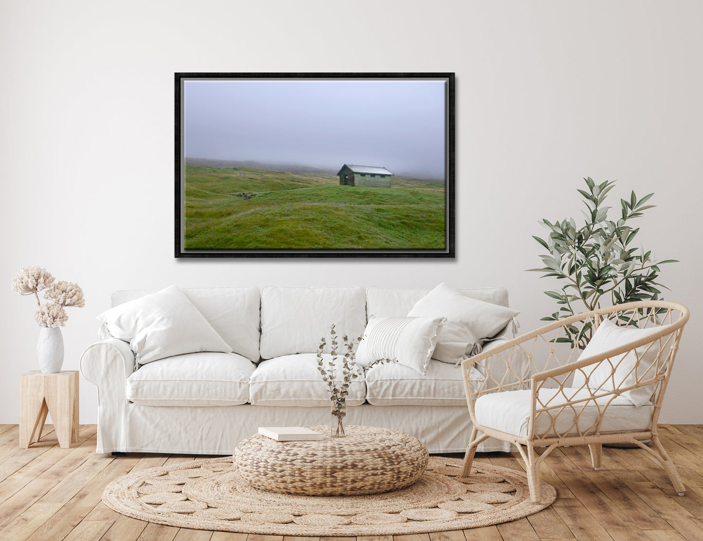 Beautiful, tiny green shed on the cliffs of the Faroe Islands, surrounded by fog. Framed fine art photography by Kristen Olivares.