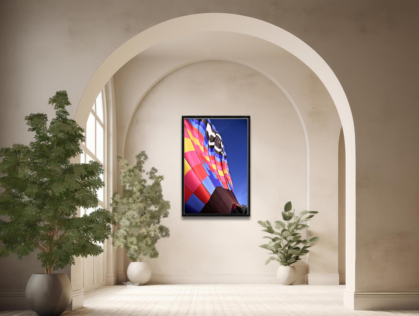Bright, colorful Hot-air Balloon framed canvas photo by Kristen Olivares