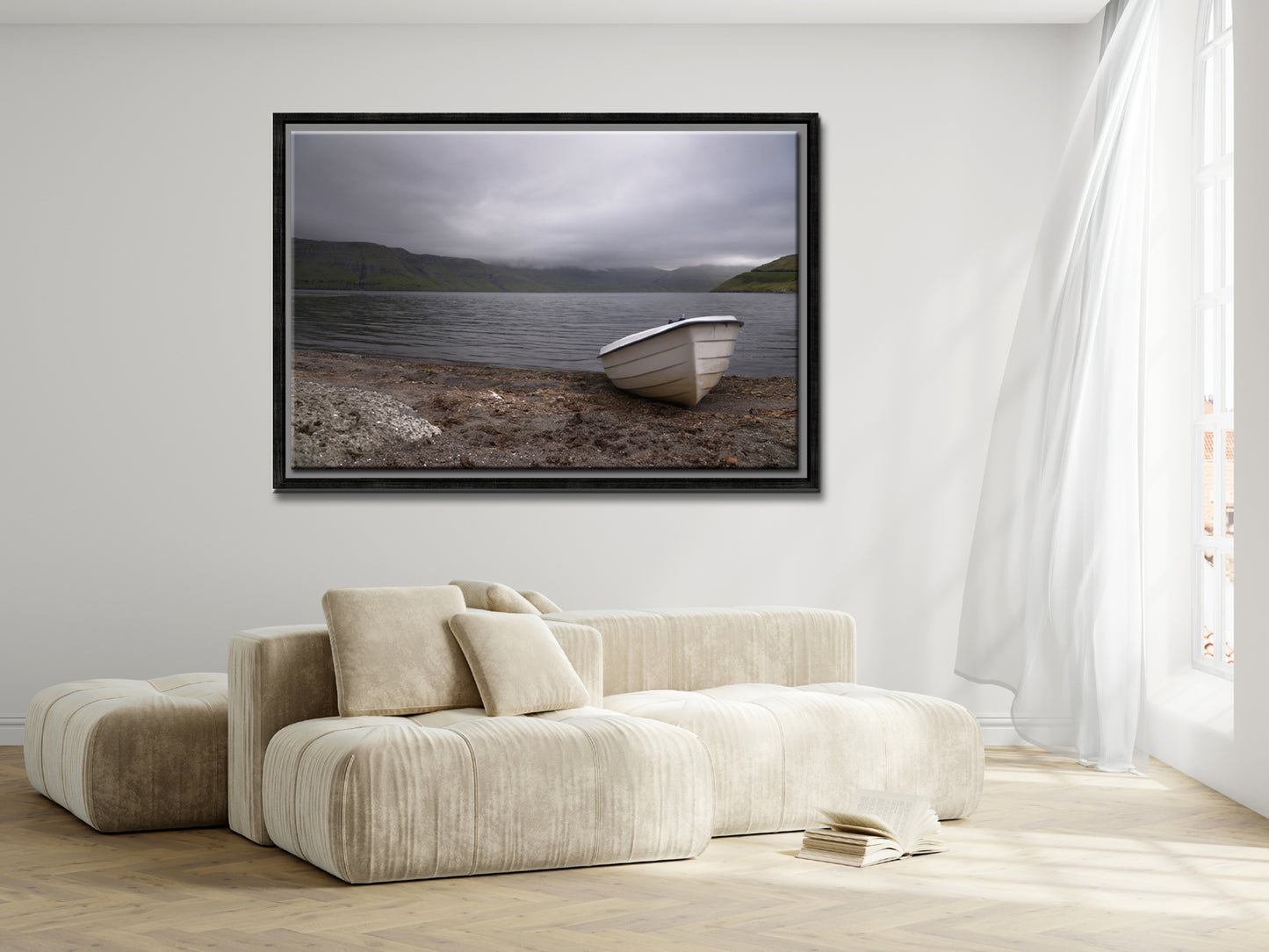 Beautiful lone white row boat out on the cool coast of the Faroe Islands. Framed fine art photography by Kristen Olivares.