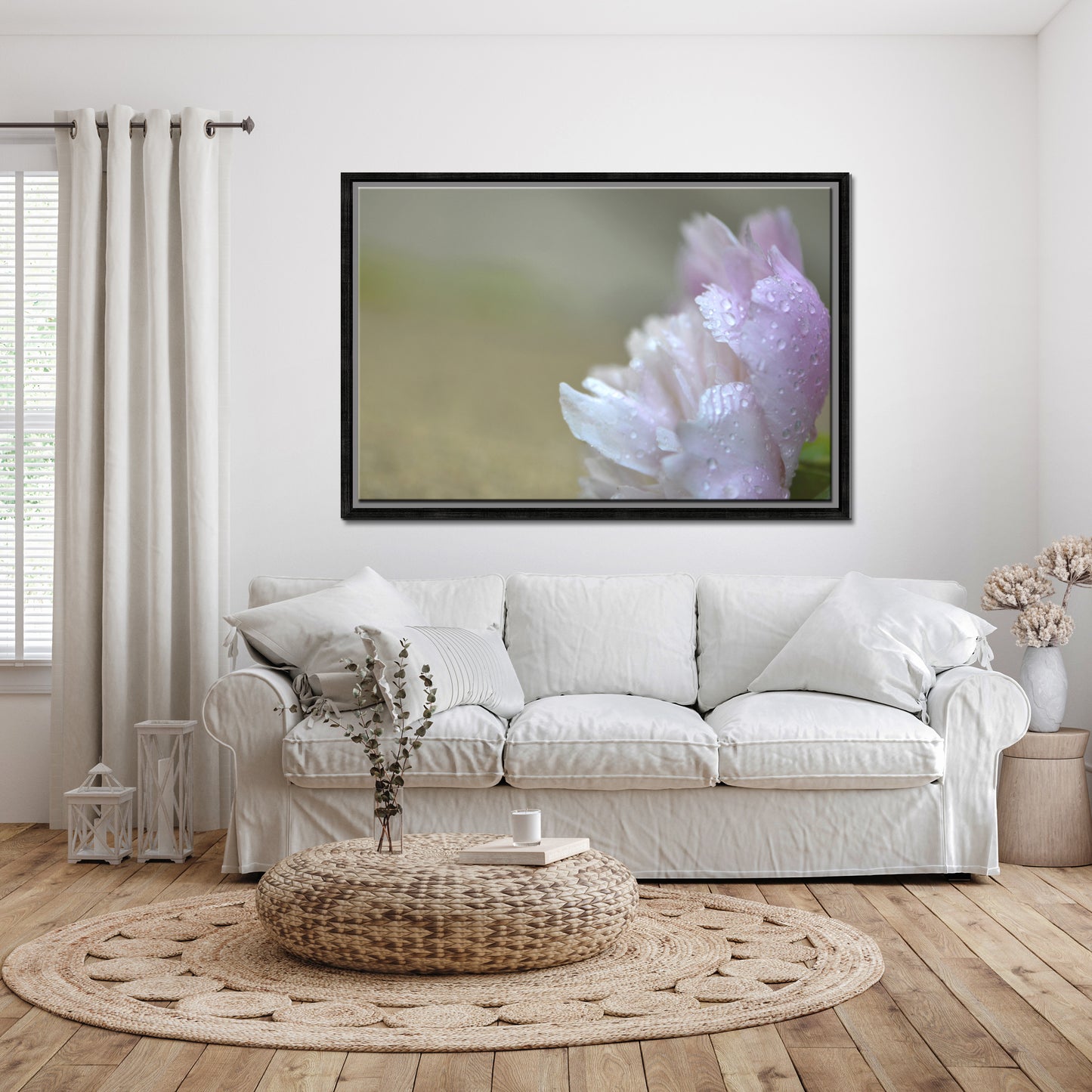 A Light pink Peony Covered in rain drops. Framed fine art photography by Kristen Olivares.