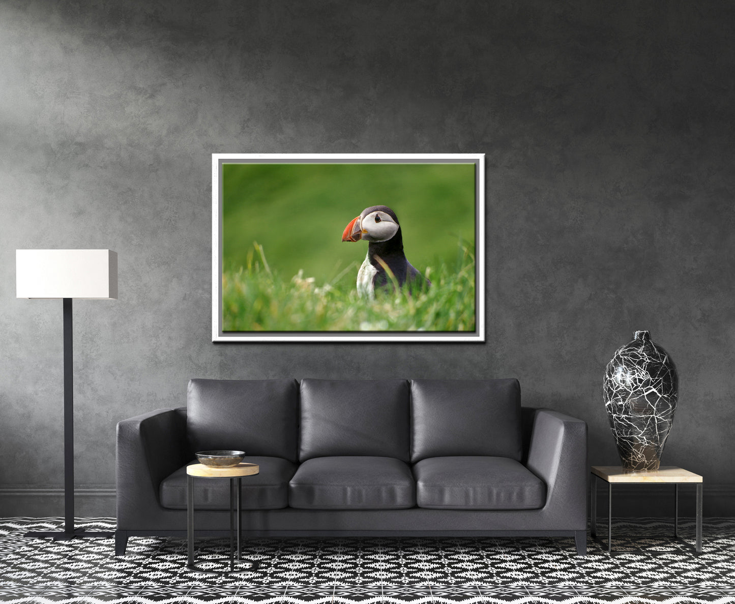A stunning, colorful puffin in the bright green field of the Faroe Islands. Framed canvas wall art by Kristen Olivares.