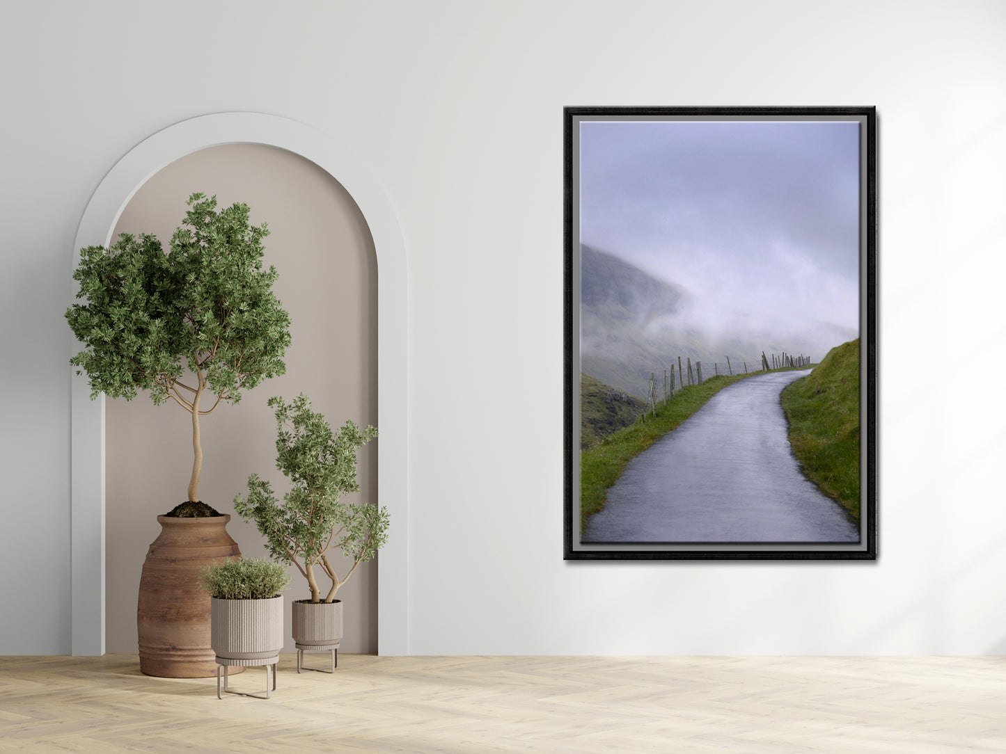 A beautiful quiet path along an old fence surrounded by fog in the Faroe Islands. Framed fine art photography by Kristen Olivares.
