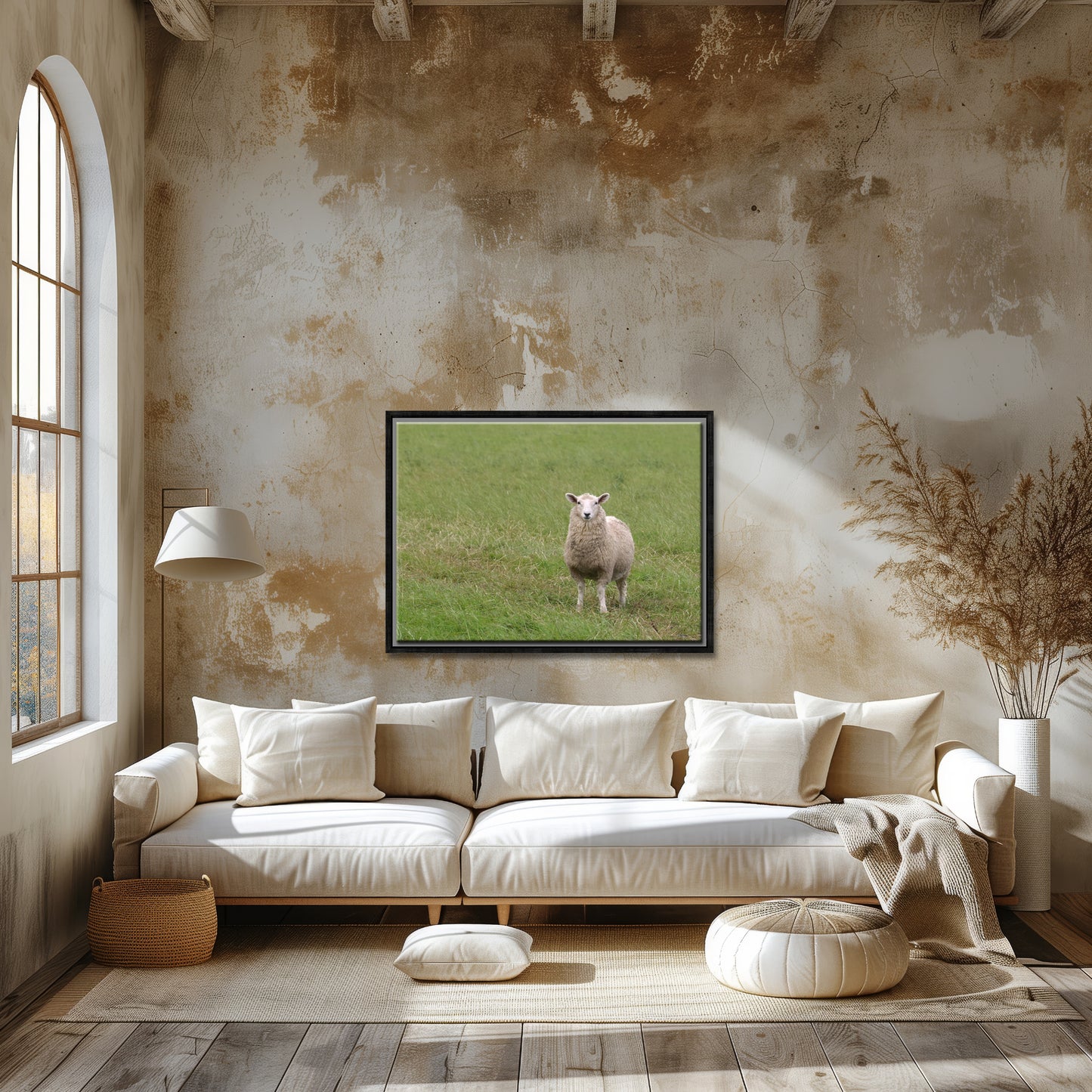 A lone sheep in the fields of Ireland. Framed Canvas Wall Art by Kristen Olivares