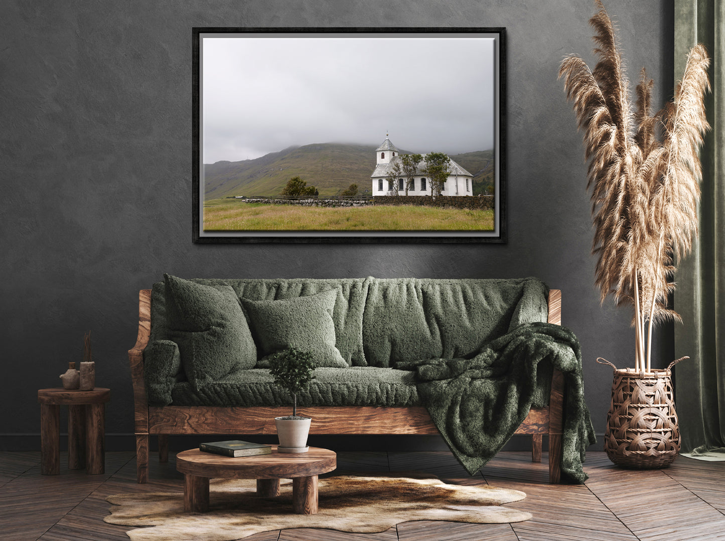 Beautiful white church in the Faore Islands. Framed fine art photography by Kristen Olivares.