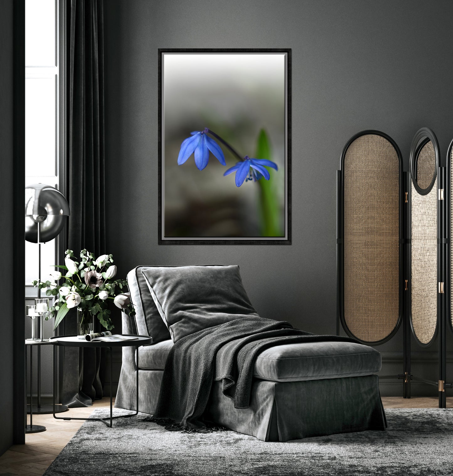 Blue Siberian Squill Flowers. Framed Canvas wall art by Kristen Olivares.