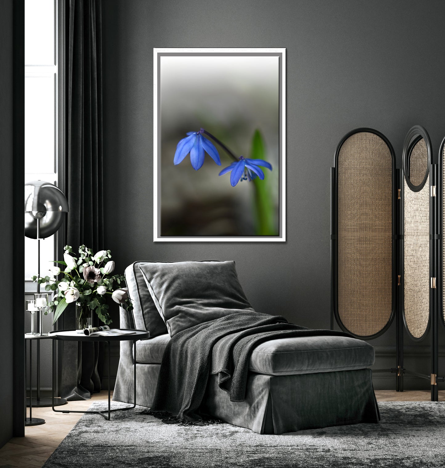 Blue Siberian Squill Flowers. Framed Canvas wall art by Kristen Olivares.