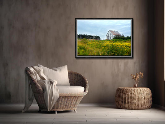 An old abandoned home set in a bright field of yellow flowers. Framed fine art photography by Kristen Olivares.