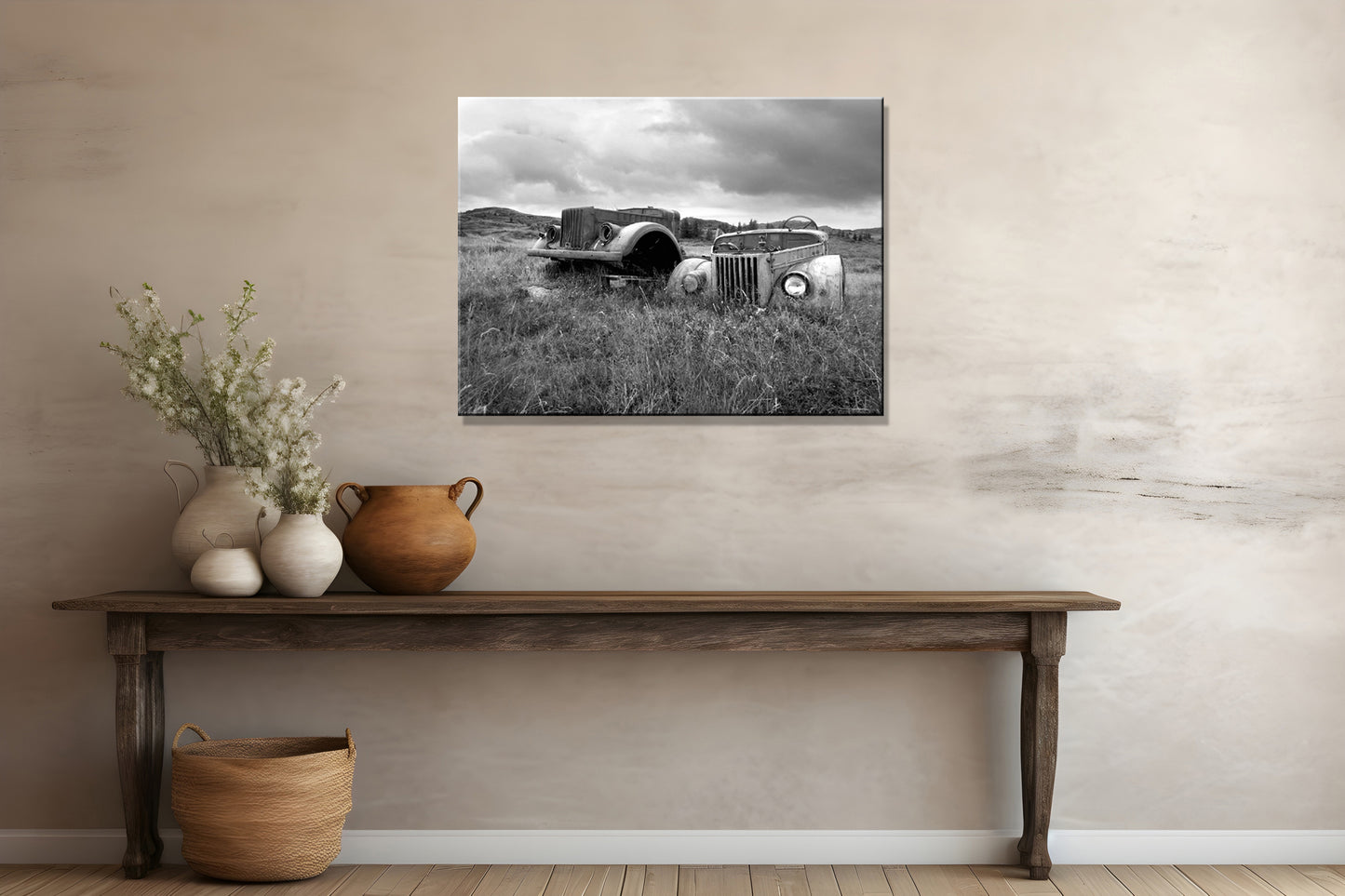 Beautiful, abandoned, antique cars left out in a field in Iceland. Printed on metal. Black and white Fine art photography by Kristen Olivares. 