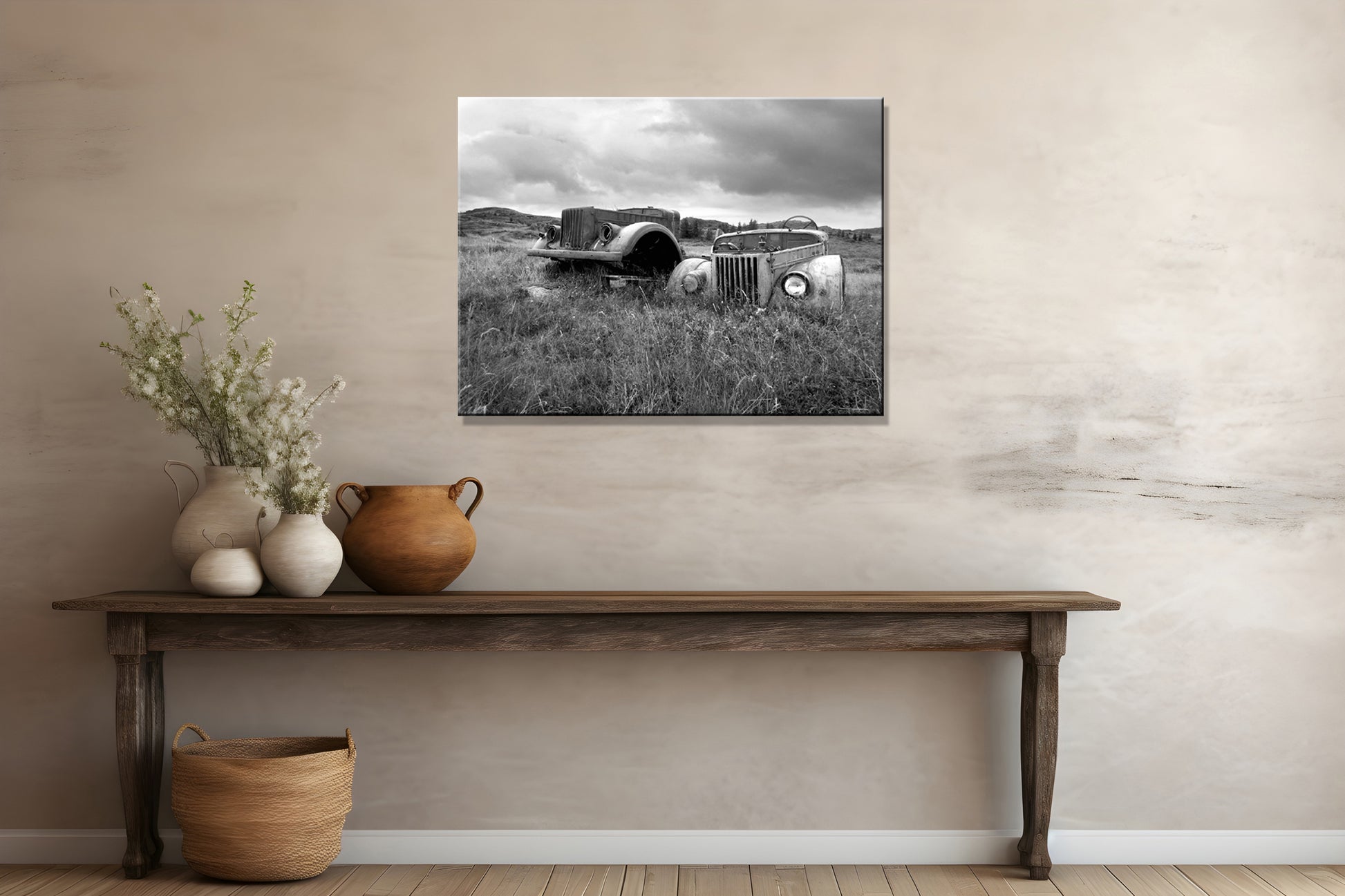 Beautiful, abandoned, antique cars left out in a field in Iceland. Printed on metal. Black and white Fine art photography by Kristen Olivares. 