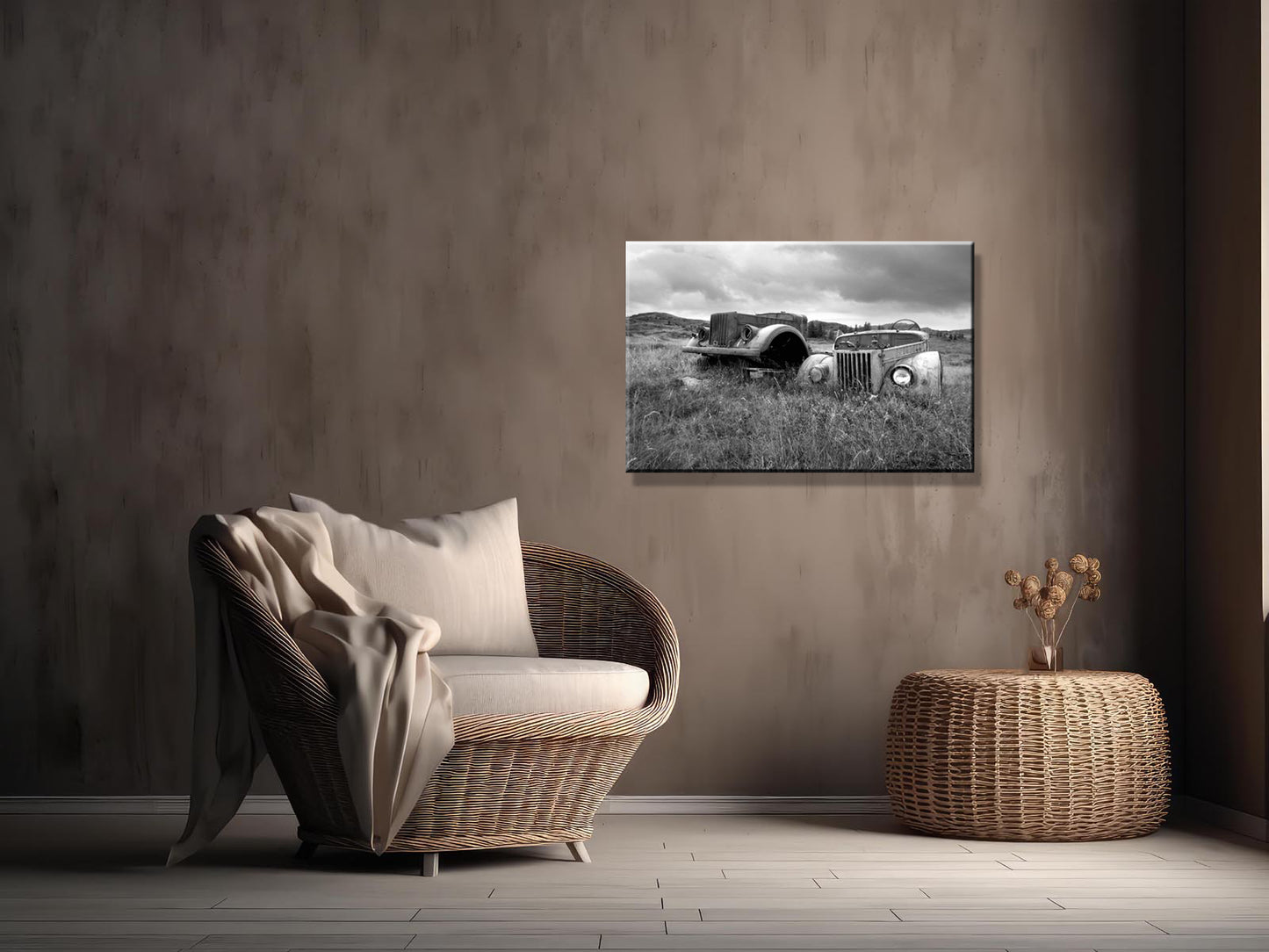 Beautiful, abandoned, antique cars left out in a field in Iceland. Printed on metal. Black and white Fine art photography by Kristen Olivares. 