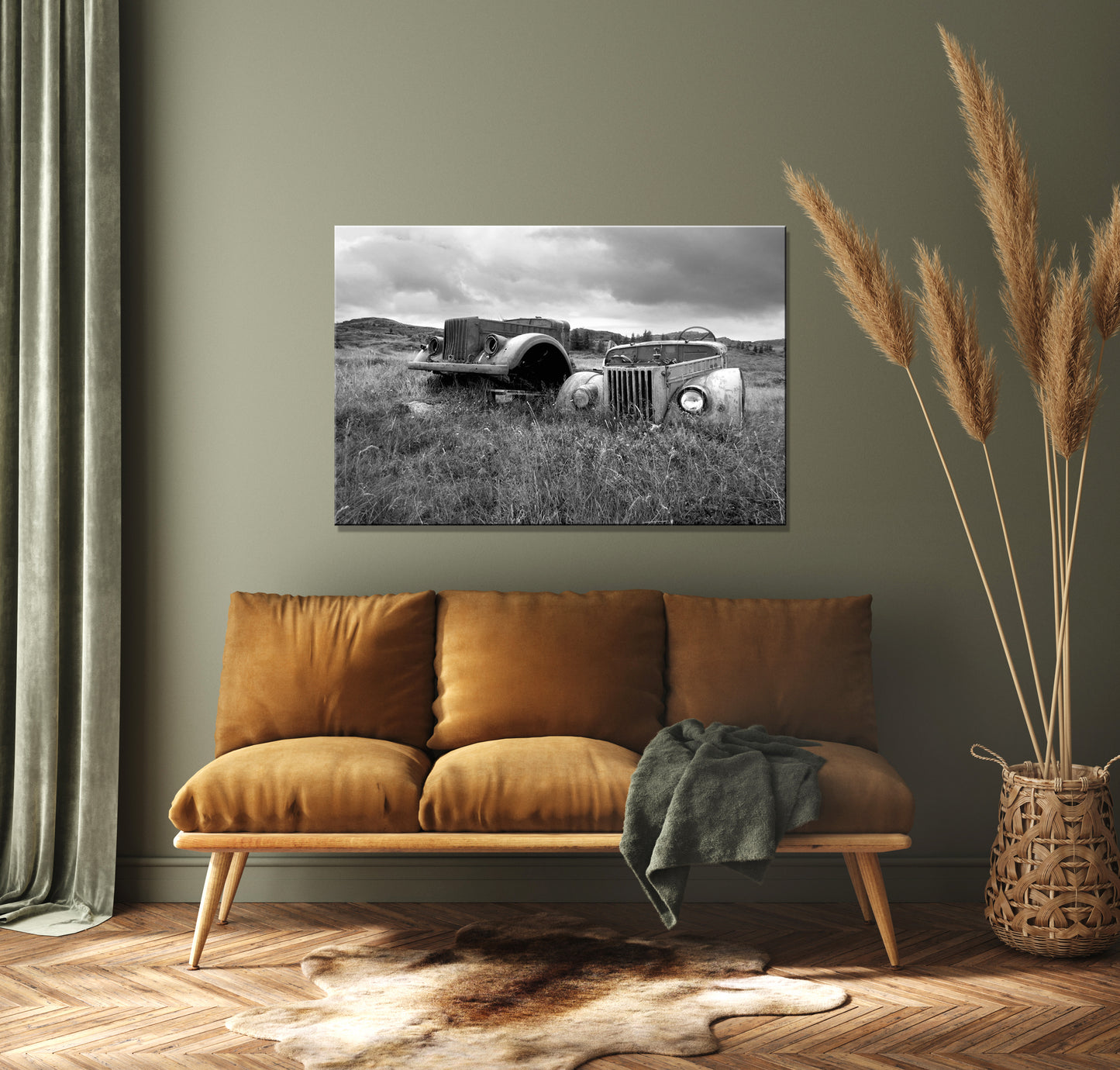 Beautiful, abandoned, antique cars left out in a field in Iceland. Printed on metal. Black and white Fine art photography by Kristen Olivares. 