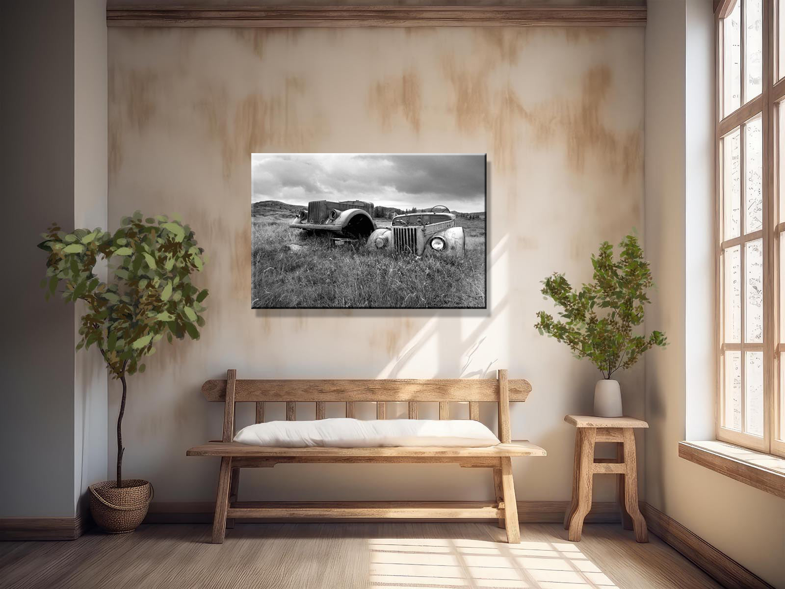 Beautiful, abandoned, antique cars left out in a field in Iceland. Printed on metal. Black and white Fine art photography by Kristen Olivares. 