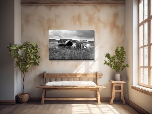 Beautiful, abandoned, antique cars left out in a field in Iceland. Printed on metal. Black and white Fine art photography by Kristen Olivares. 