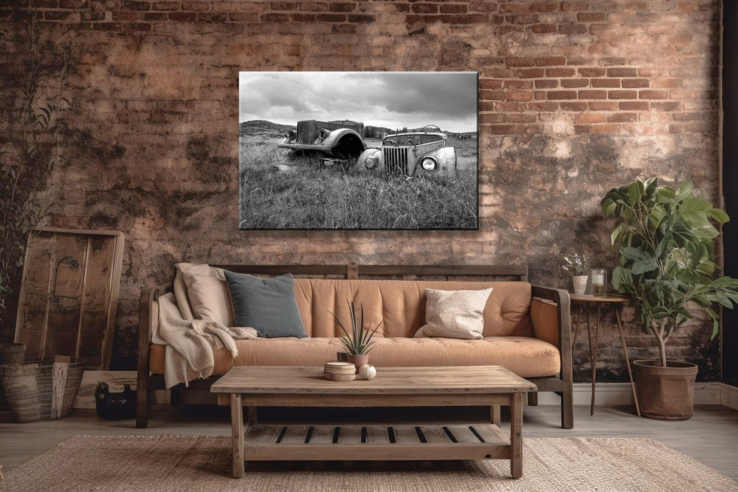 Beautiful, abandoned, antique cars left out in a field in Iceland. Printed on metal. Black and white Fine art photography by Kristen Olivares. 