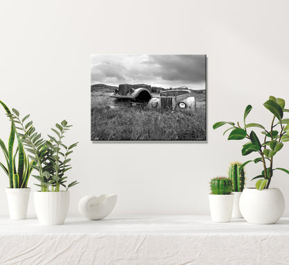 Beautiful, abandoned, antique cars left out in a field in Iceland. Printed on metal. Black and white Fine art photography by Kristen Olivares. 