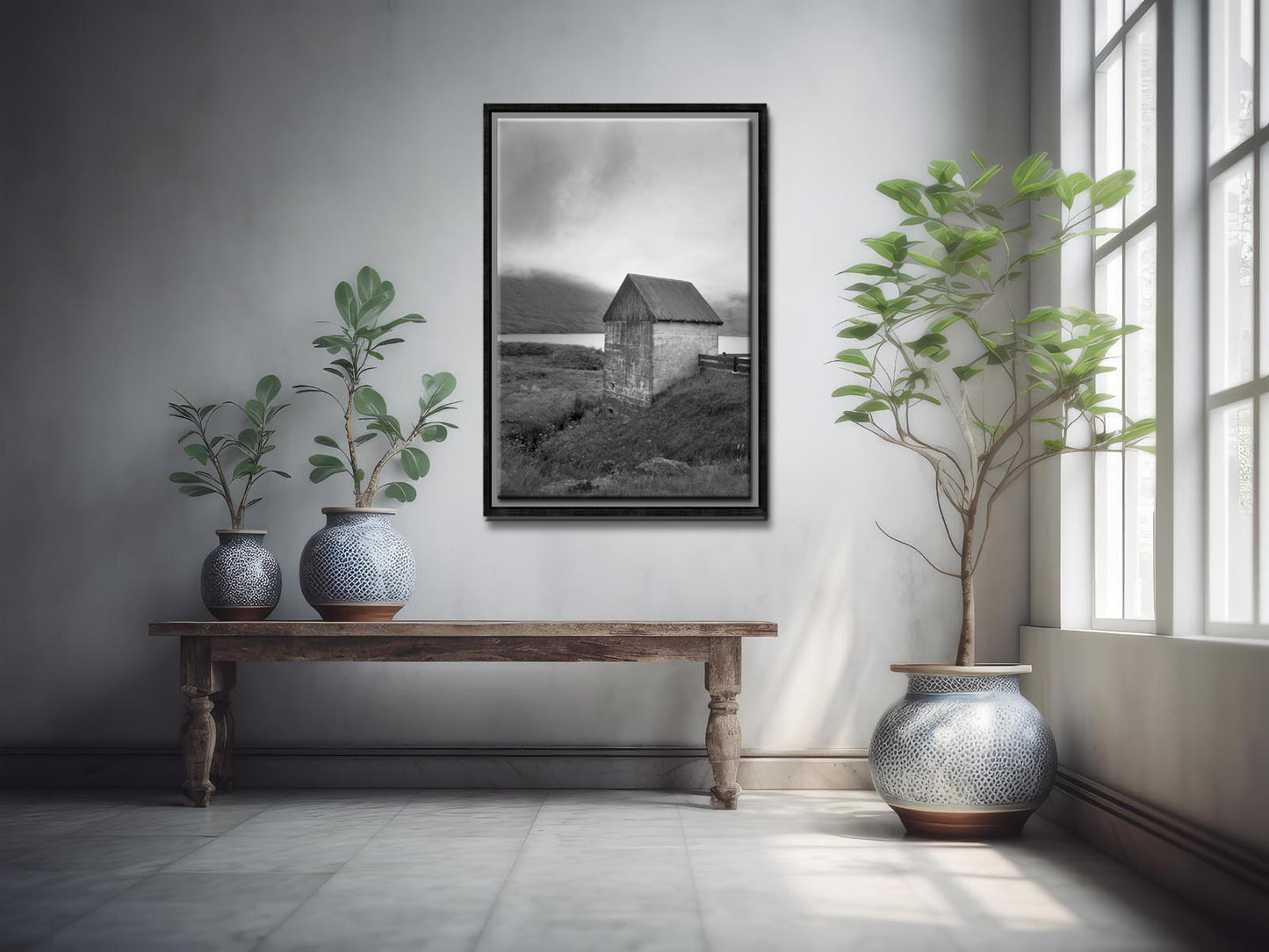 Stunning stone barn on the coast of the Faroe Islands. Framed black and white fine art print by Kristen Olivares