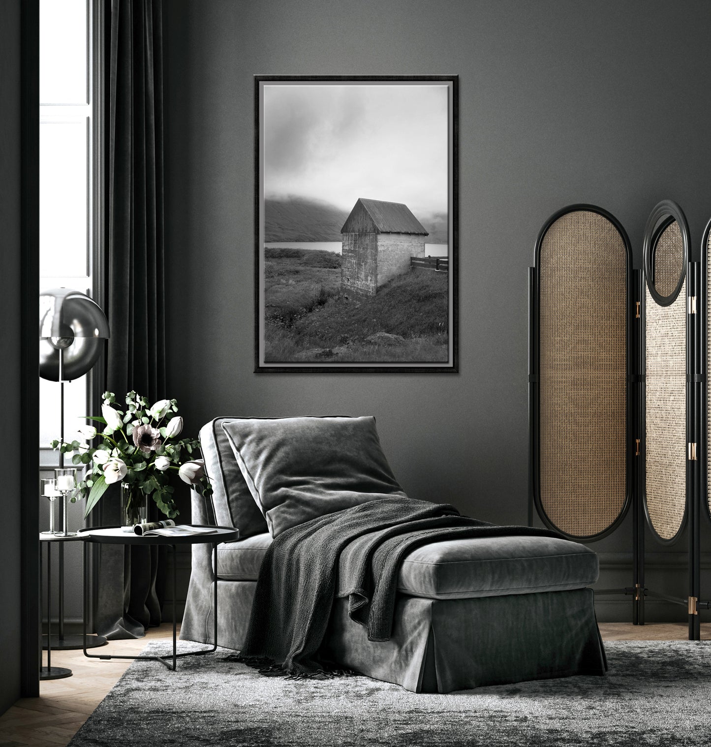 Stunning stone barn on the coast of the Faroe Islands. Framed black and white fine art print by Kristen Olivares.