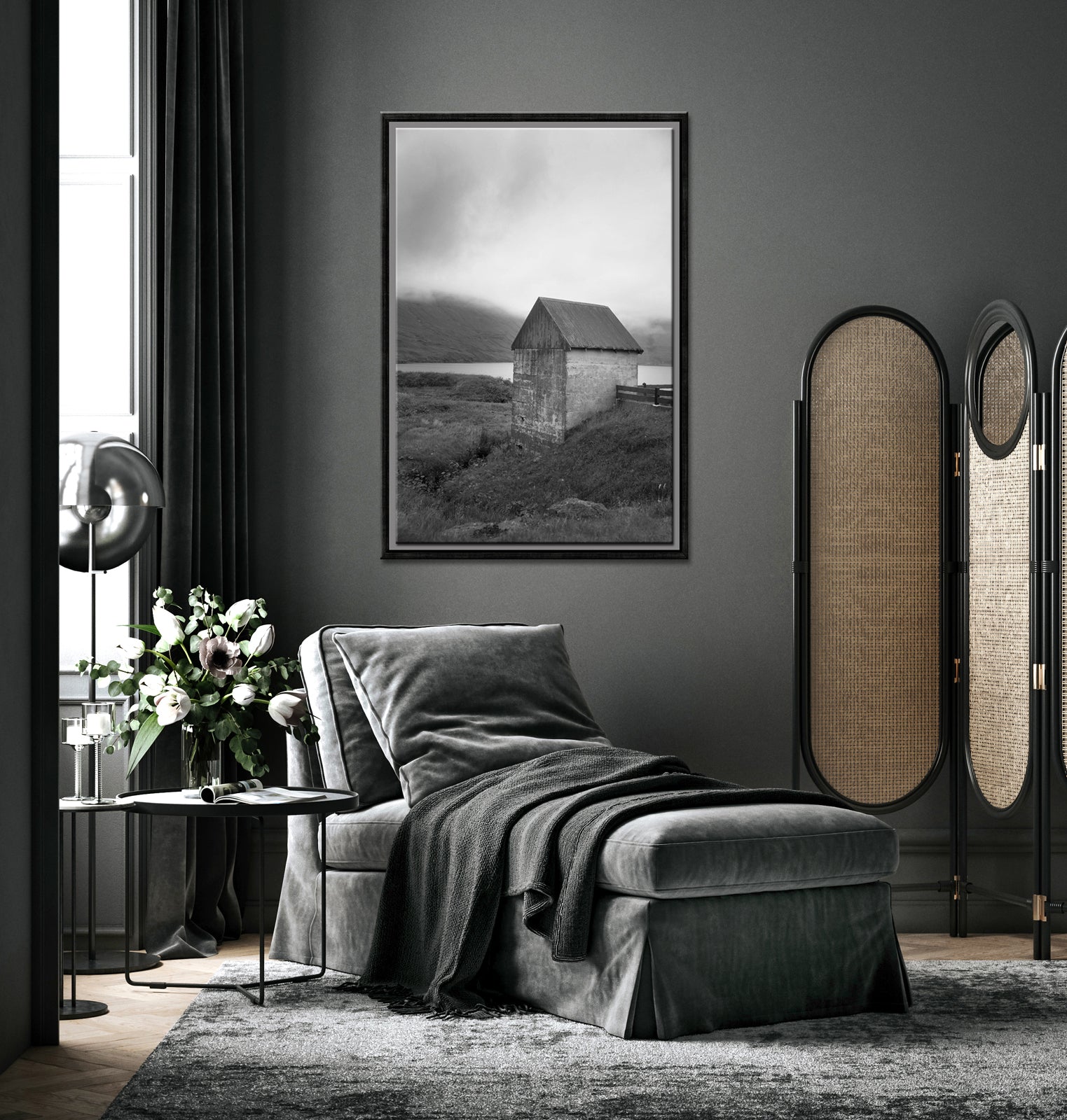 Stunning stone barn on the coast of the Faroe Islands. Framed black and white fine art print by Kristen Olivares.