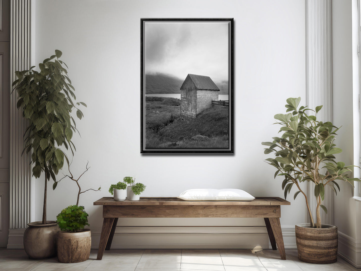 Stunning stone barn on the coast of the Faroe Islands. Framed black and white fine art print by Kristen Olivares