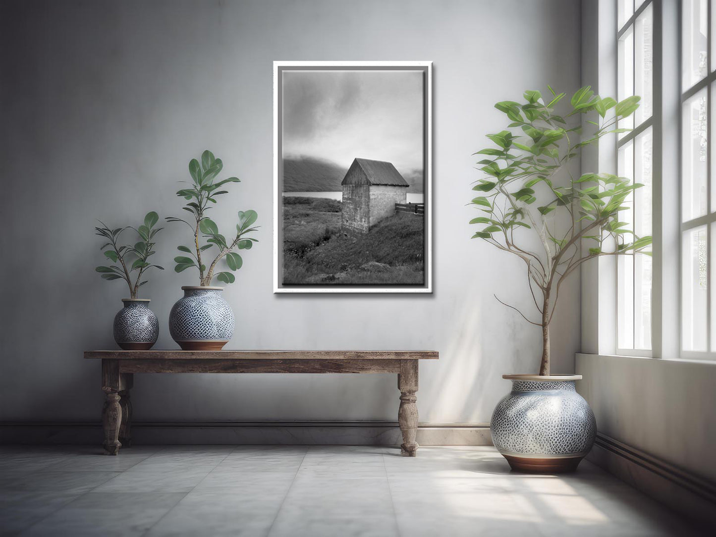 Stunning stone barn on the coast of the Faroe Islands. Framed black and white fine art print by Kristen Olivares