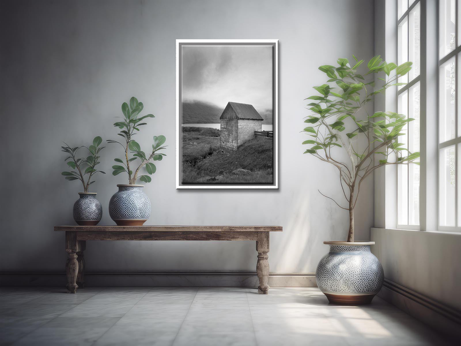 Stunning stone barn on the coast of the Faroe Islands. Framed black and white fine art print by Kristen Olivares
