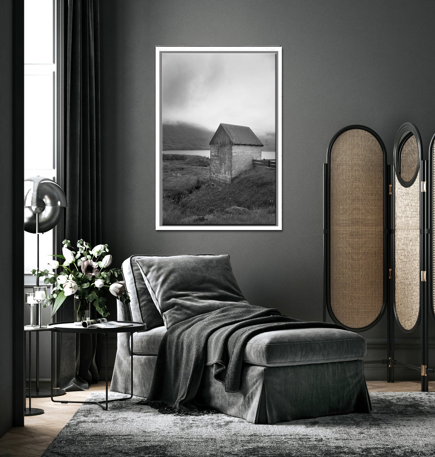 Stunning stone barn on the coast of the Faroe Islands. Framed black and white fine art print by Kristen Olivares