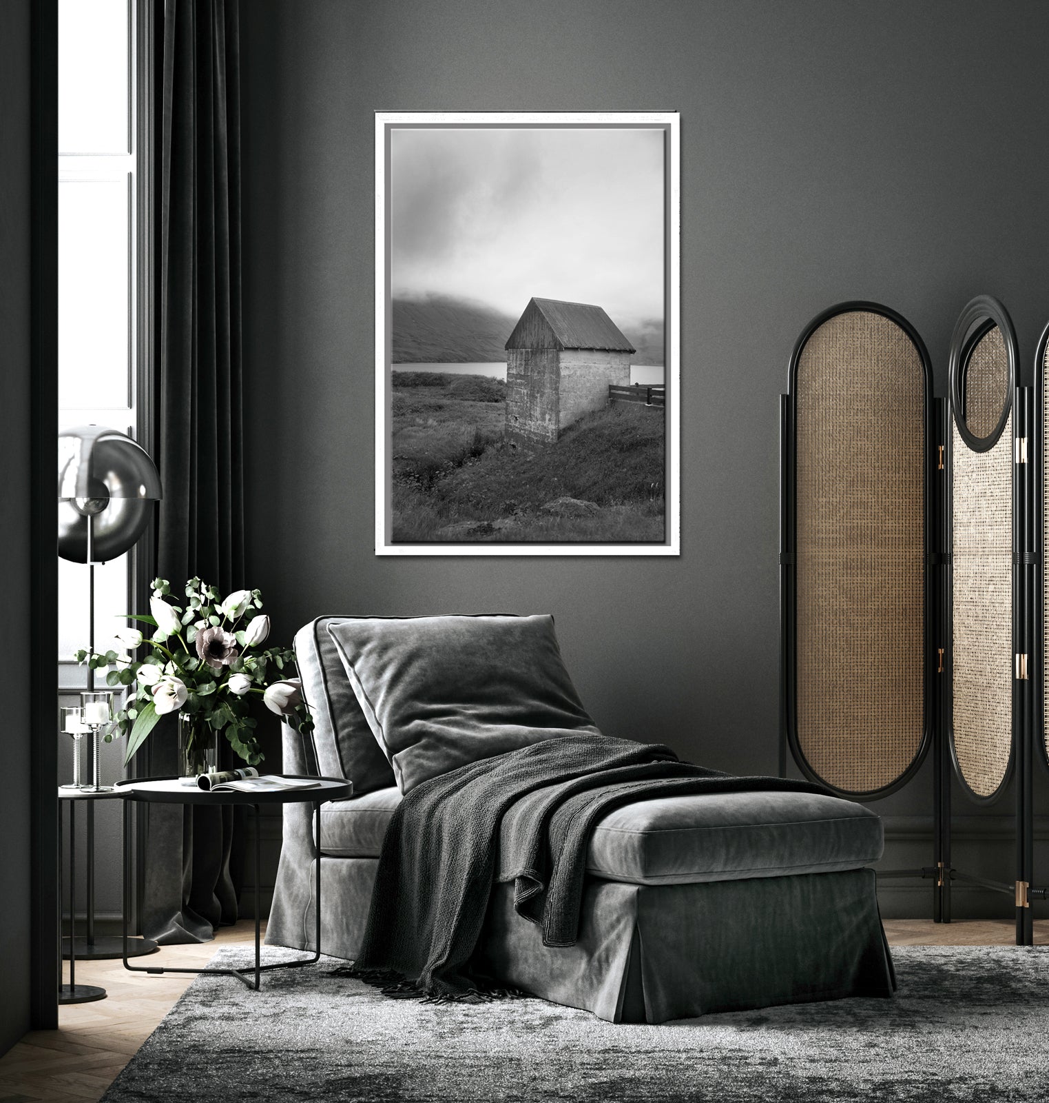 Stunning stone barn on the coast of the Faroe Islands. Framed black and white fine art print by Kristen Olivares