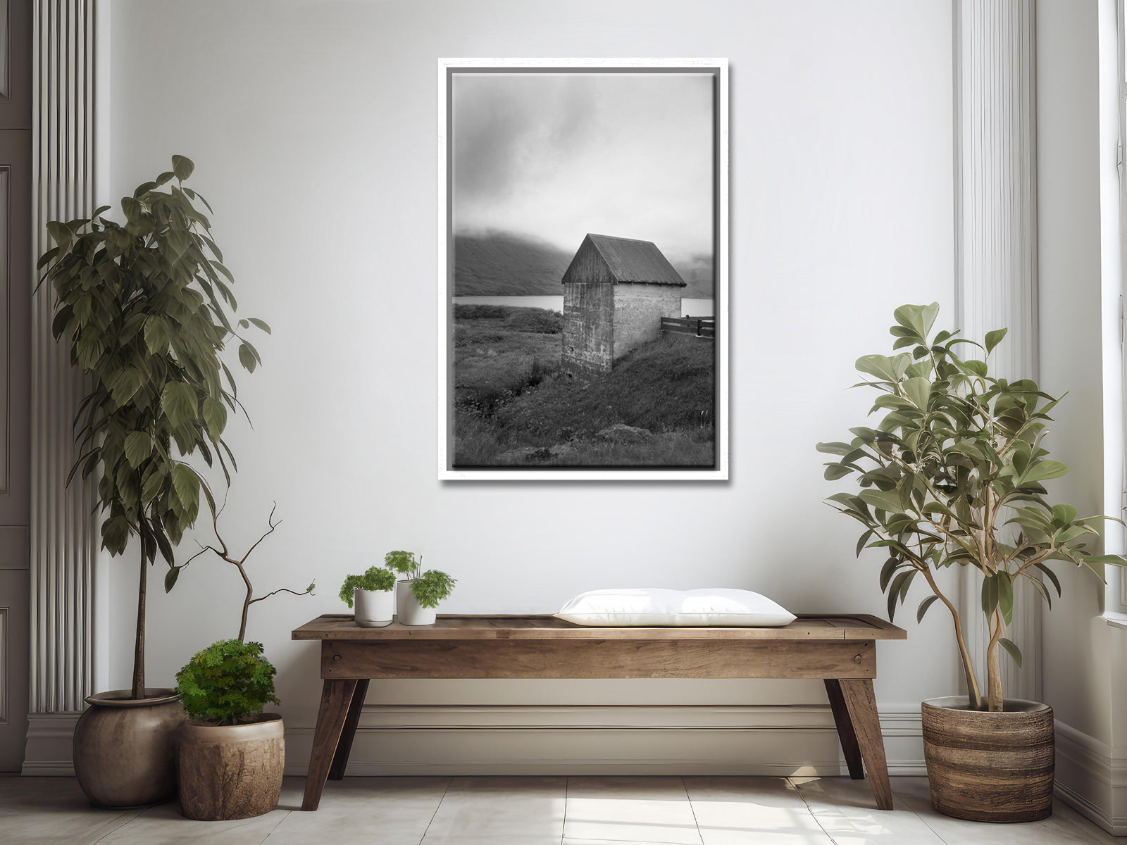 Stunning stone barn on the coast of the Faroe Islands. Framed black and white fine art print by Kristen Olivares