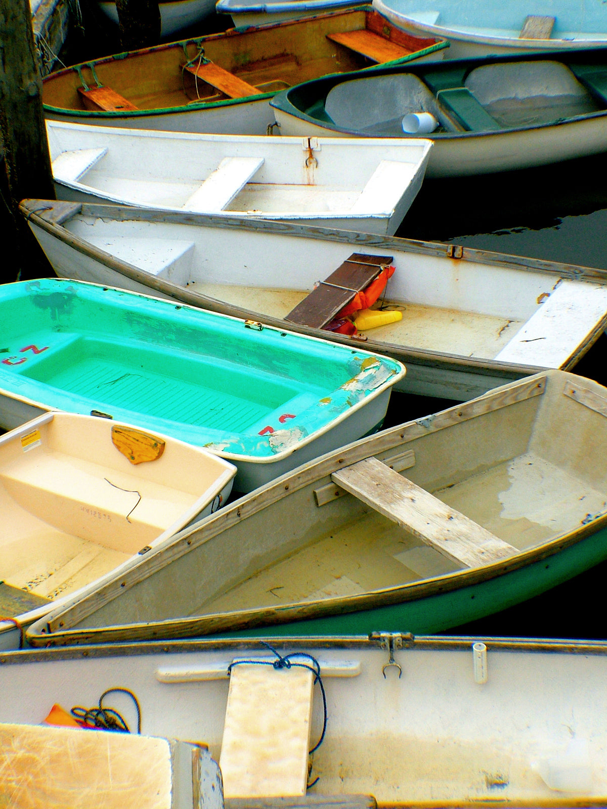 Little colorful row boats in Maine.  Fine Art Photography. Kristen Olivares