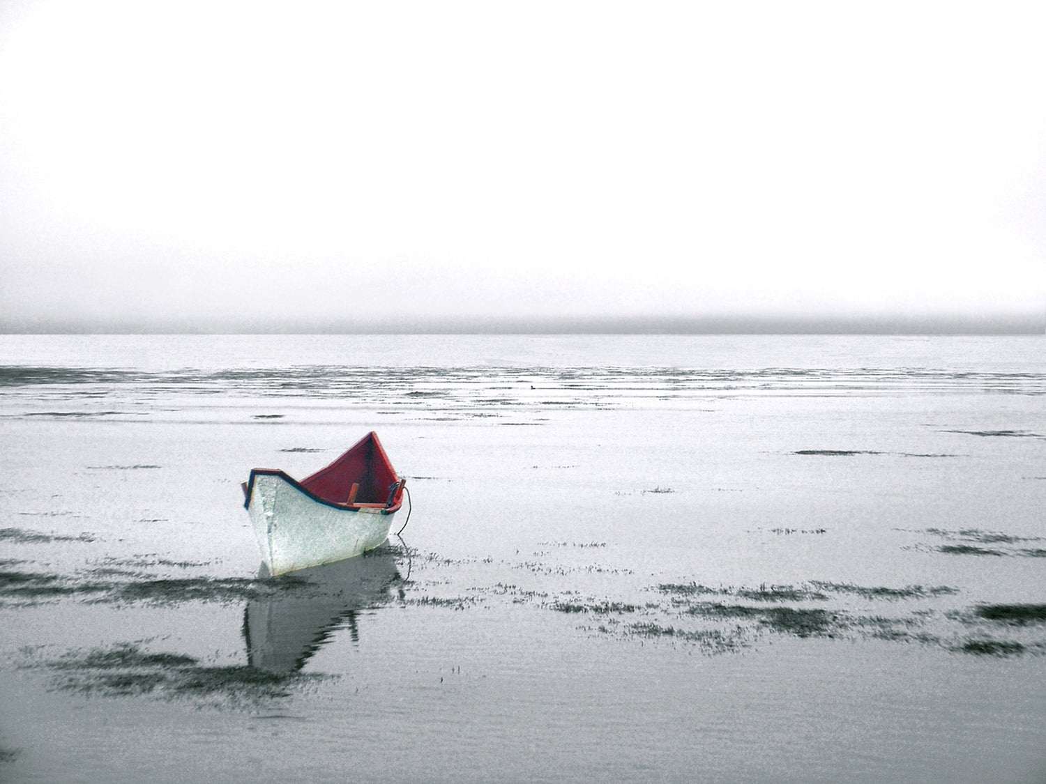 Old, tiny, wooden white and red boat in Maine.  Fine Art Photography. Kristen Olivares