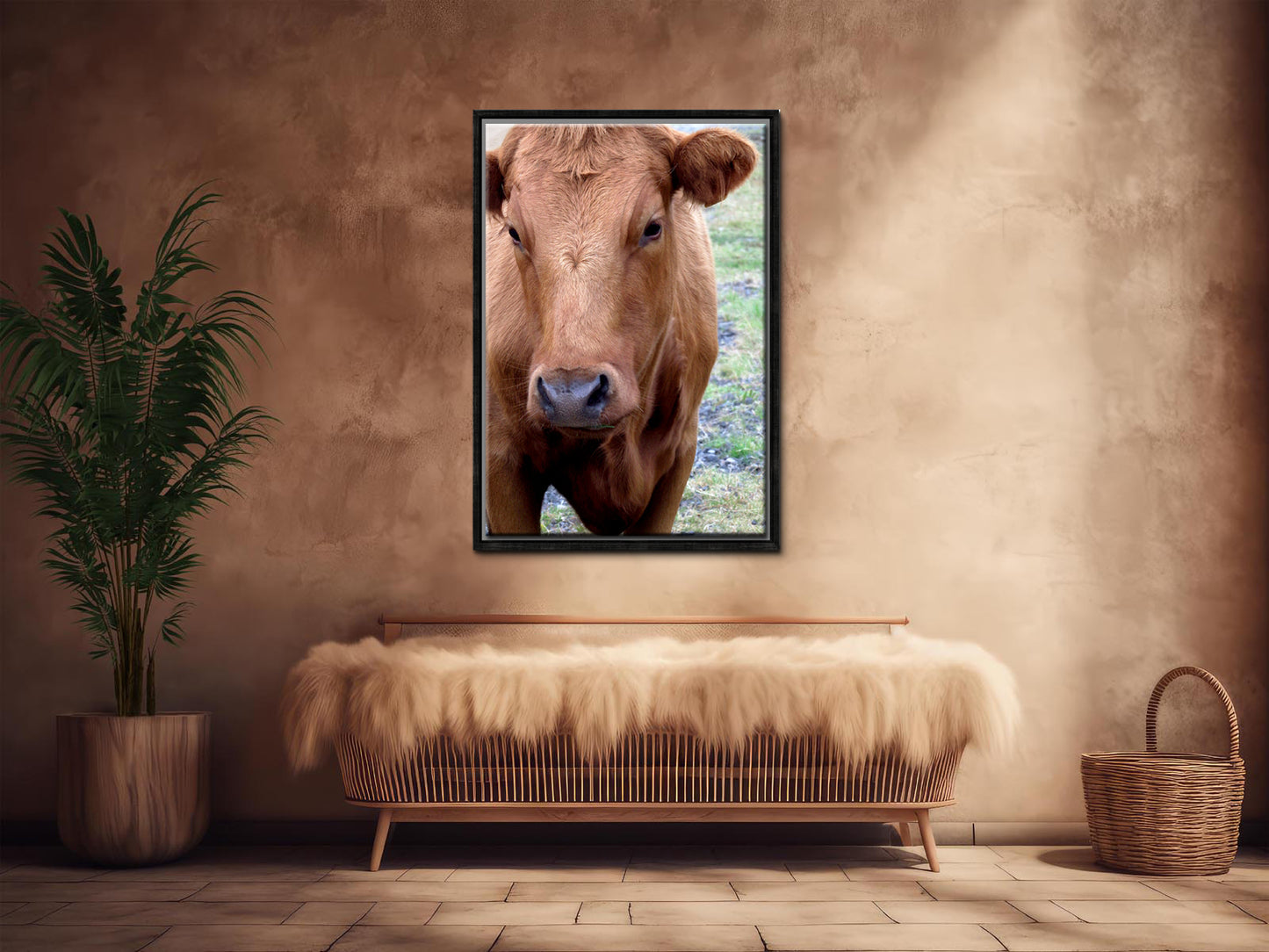 Beautiful brown cow in the green fields of Iceland. Framed canvas wall art by Kristen Olivares.
