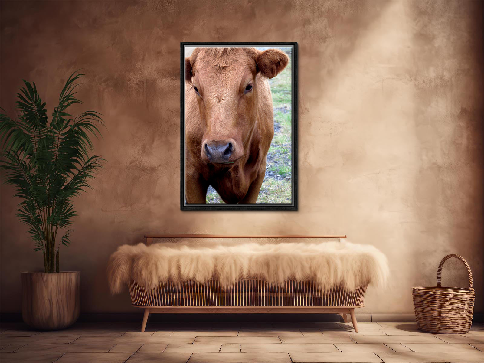 Beautiful brown cow in the green fields of Iceland. Framed canvas wall art by Kristen Olivares.