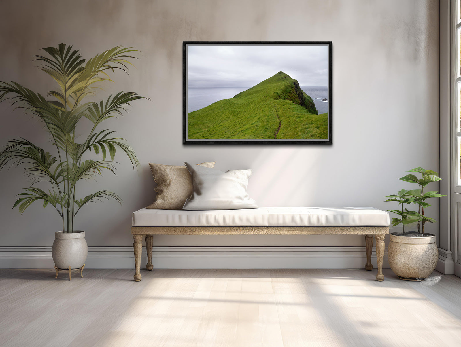 A stunning image of a cliff jetting out into the Atlantic Ocean in the Faroe Islands. Framed fine art photography by Kristen Olivares.