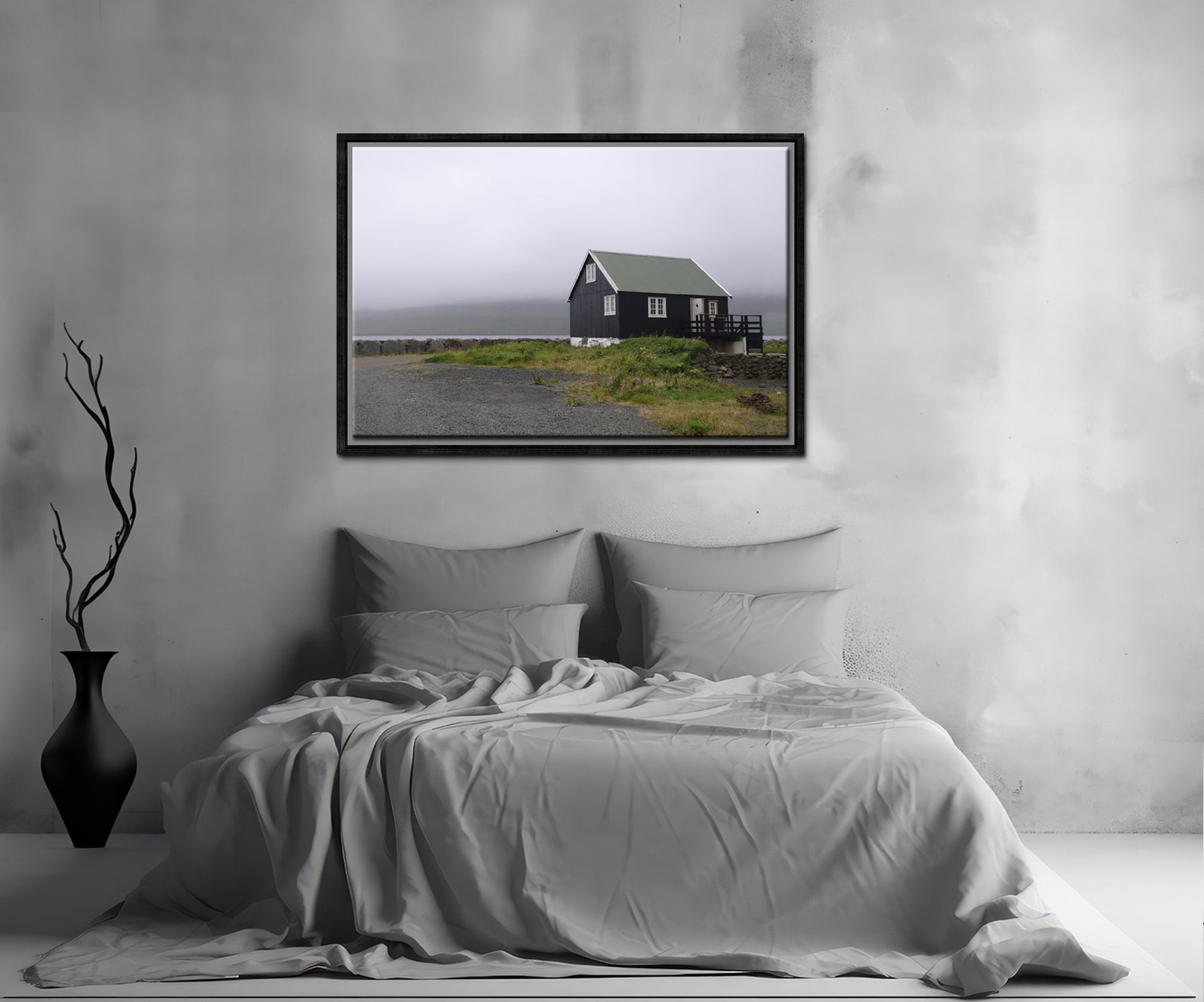 A beautiful lone home on the coast of the Faroe Islands. Framed Fine Art Photography by Kristen Olivares.