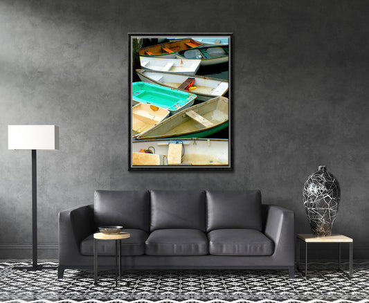 Colorful old wooden boats in MaineFramed fine art photography by Kristen Olivares.