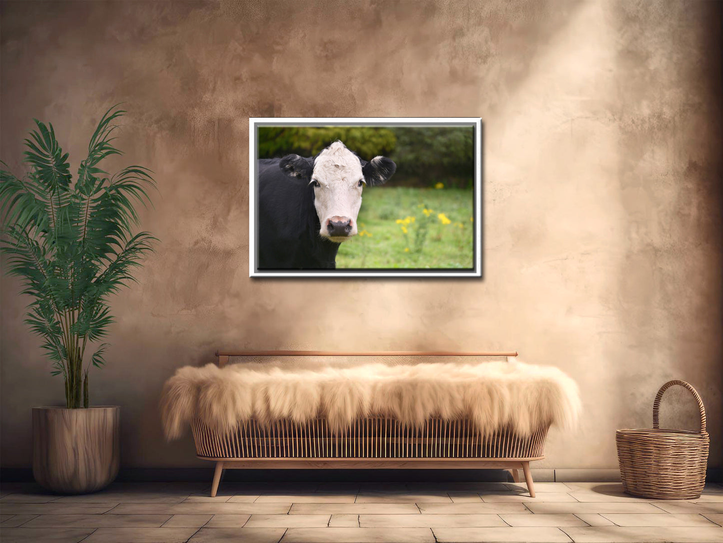 Black and white cow staring at me in a field of yellow flowers in Ireland. Framed Canvas print by Kristen Olivares