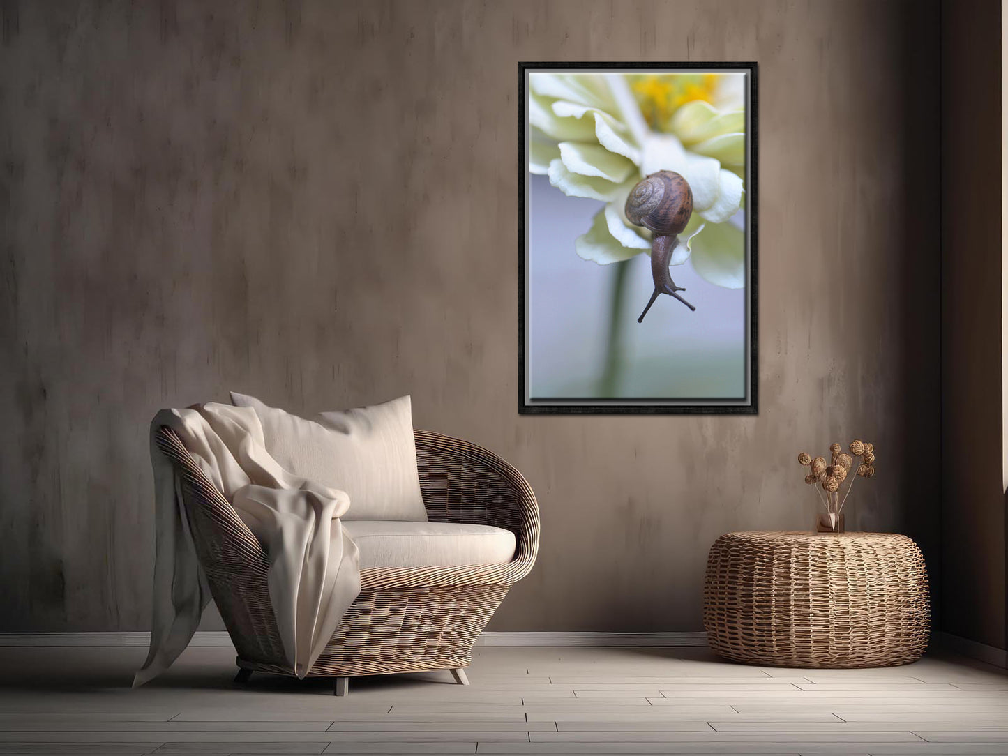 Crawling Along the Garden-Fine Art Photography-Beautiful Brown Snail Upon a Cream Colored Flower