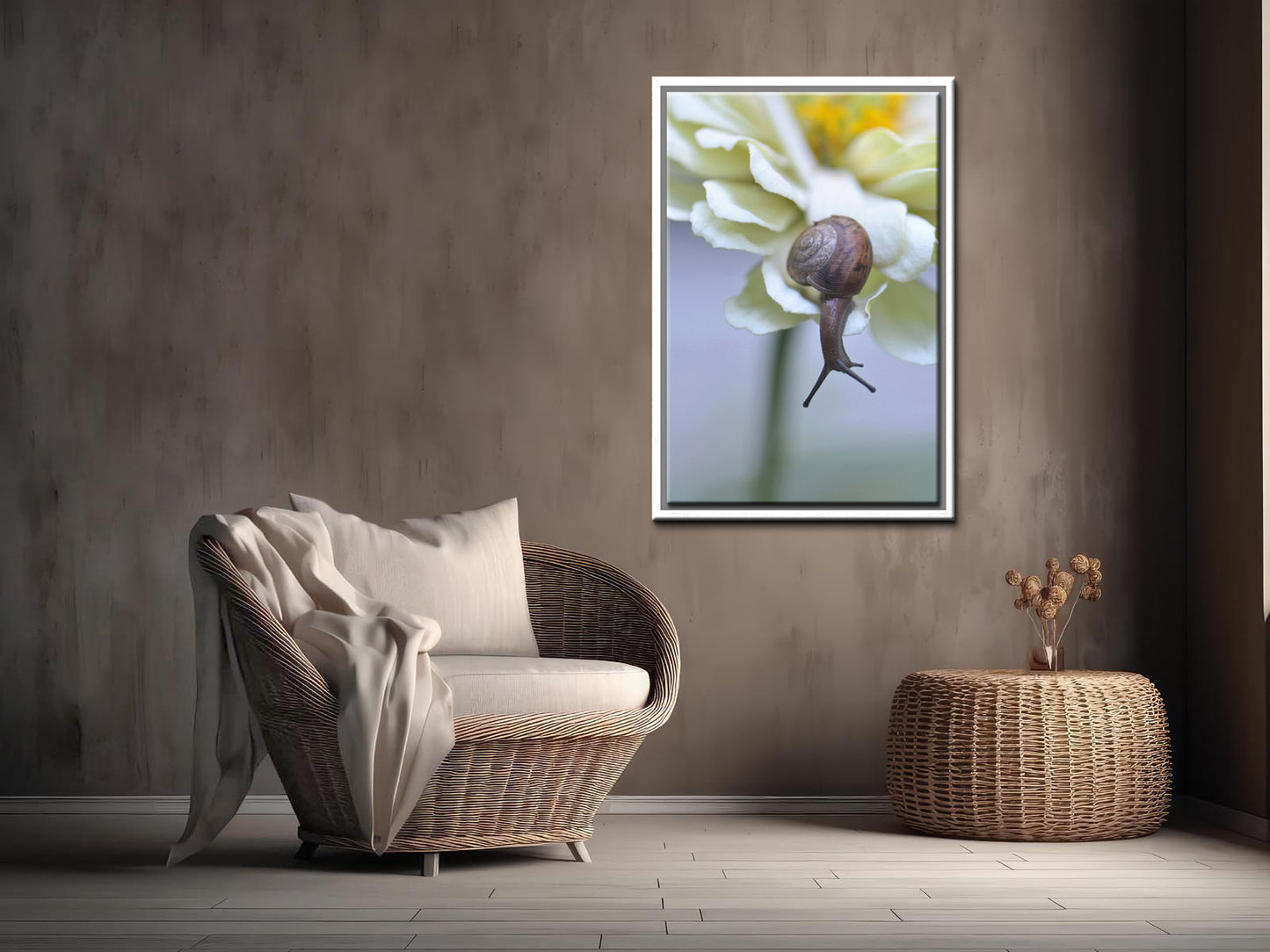 Crawling Along the Garden-Fine Art Photography-Beautiful Brown Snail Upon a Cream Colored Flower