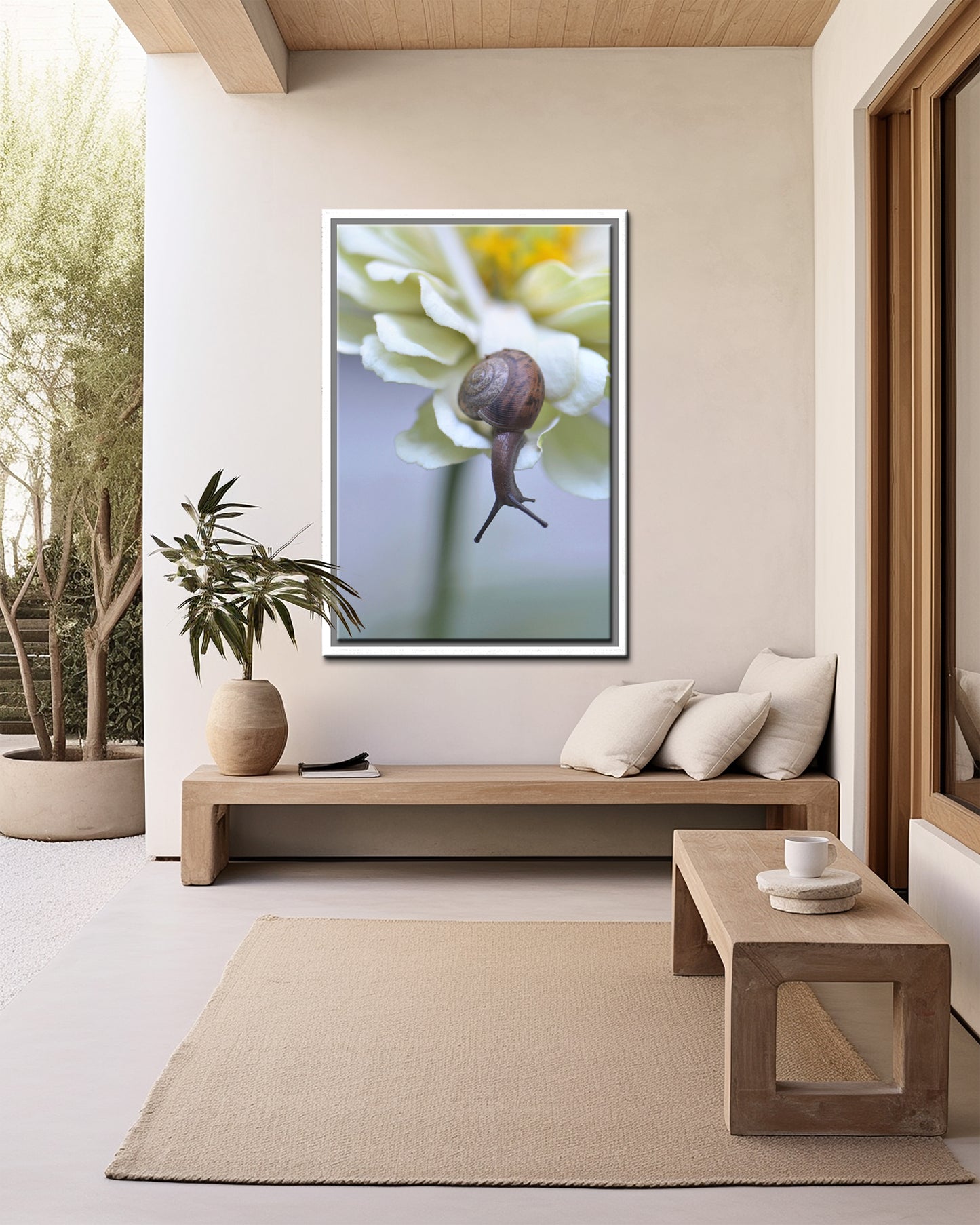 Crawling Along the Garden-Fine Art Photography-Beautiful Brown Snail Upon a Cream Colored Flower